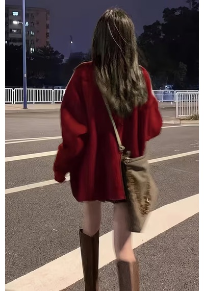 Kadın Oversize Cepli Düğmeli V Yaka Triko Hırka Bordo