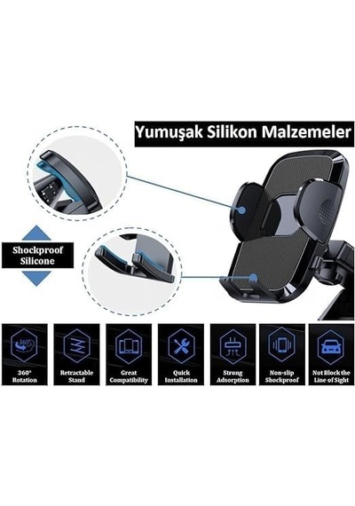 Otomatik Klipsli Teleskobik Araç İçi Telefon Tutucu Yüksek Kaliteli Tutuş Ve 360 Dönebilme Özellikli Cam Ve Diğer