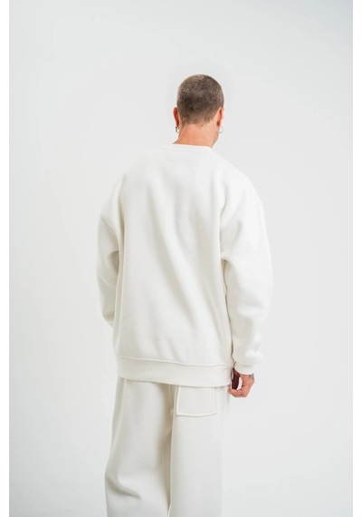 Erkek Uzun Kol Bisiklet Yaka 3 İplik Pamuklu Kışlık Sweatshirt - Beyaz Beyaz