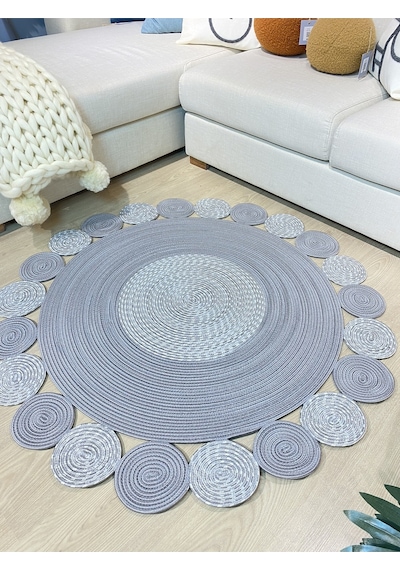 Mavaux Gri Jüt Hasırlı Kırçıllı El Örgüsü Kilim Halı Hasır Yuvarlak Gri