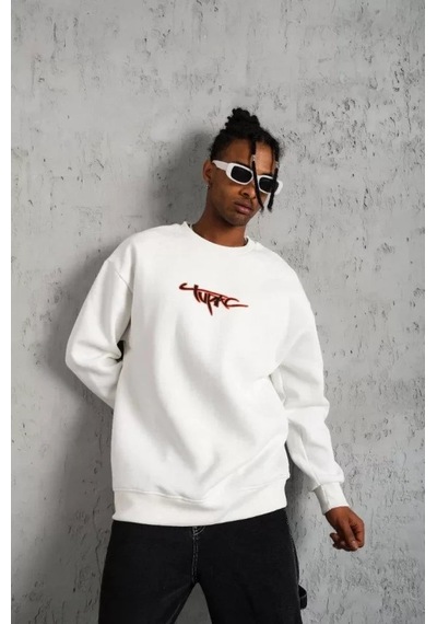 Yake Store Erkek 3 İplik Gangster Baskılı Sweatshirt - Beyaz - Beyaz