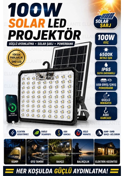 100w Solar Led Projektör Usb Powerbank Özellikli Şarjlı Kamp Lambası Ip65 Su Geçirmez Bahçe Ve Acil