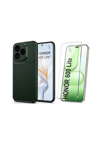 Honor 600 Lite Uyumlu Karbon Tasarım Silikon Telefon Kılıfı Ve Temperli Cam Ekran Koruyucu Koyu Yeşil
