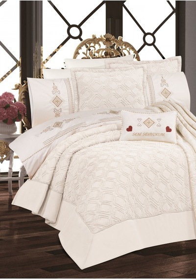 Goldroom Aysima 11 Parça Nakışlı Nevresim Takımlı Çeyiz Seti Krem