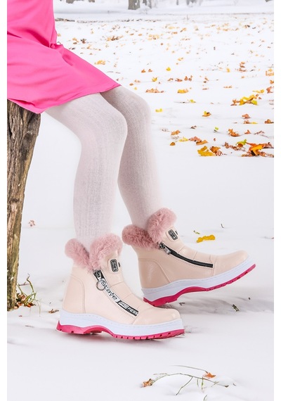 Kiko Kids 250 Rugan Çatlak Fermuarlı Kız Çocuk Bot Ayakkabı Pudra