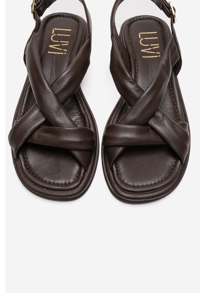 Luvishoes Frand Kahverengi Hakiki Deri Çapraz Bantlı Kadın Sandalet