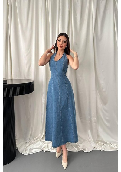 Duygudan Mavi Halter Yaka Jean Elbise - Mavi Çok Renkli