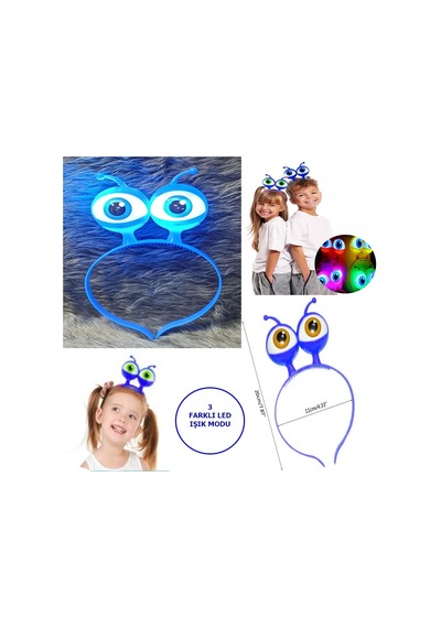 Led Işıklı & Pilli 3 Farklı Modda Yanan Uzaylı Göz Parti Tacı Mavi Renk 18x12 Cm