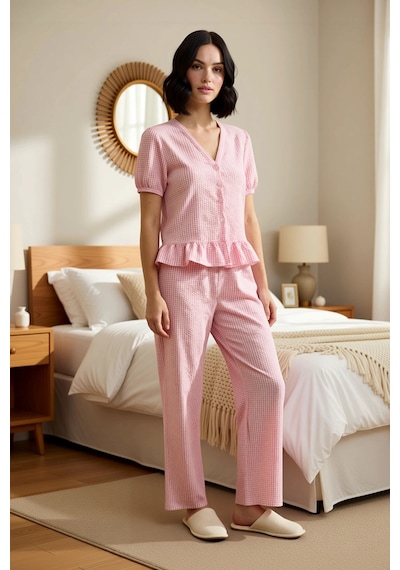 Benerly Kadın V Yaka Balon Kol Gofre Dokuma Kareli Pijama Takımı Uzun Kol Pembe