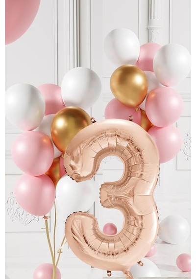 3 Yaş Retro Gold Pembe Beyaz Balon Seti Rose Gold Rakamlı Doğum Günü Balonu Şık Parti Süsleme Çok Renkli