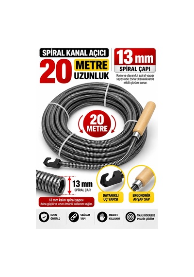 13 Mm 20 Metre Spiral Kanal Açıcı Ahşap Saplı Manuel Gider Açma Teli, Esnek Tesisat Temizleme Su