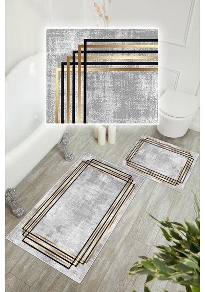Dijital Baskı Çerçeveli Kaymaz Taban 2li Set Banyo Paspası Klozet Takımı 50x60cm-60x100cm Gri