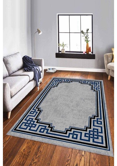 Lacivert Çerçeveli Kaymaz Tabanlı Dekoratif Halı Rv090n11
