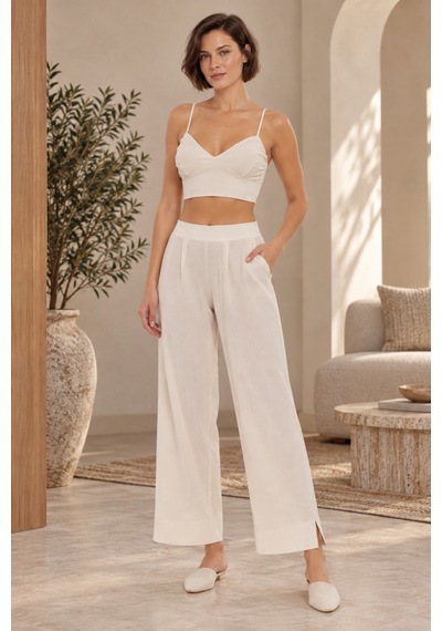 Loule Kadın Ekru Jakarlı Kimonolu Pijama Takımı Braletli 3 Parça