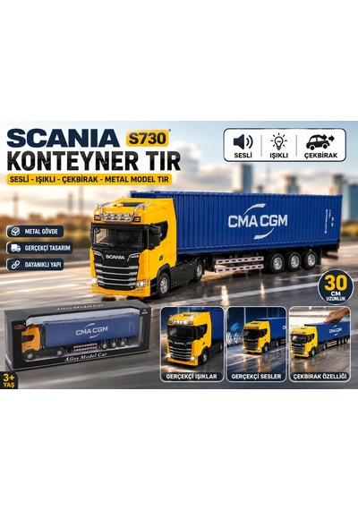 Scanıa S730 Konteyner Tır 30 Cm Sesli Işıklı Çekbırak Metal Model Tır Gerçekçi Detaylı Oyuncak Tır Mavi
