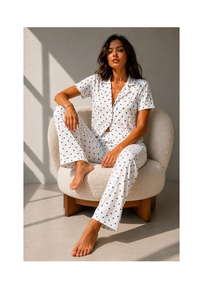 Fit Women Kadın Klasik Doğal Düğme Gece Kar Beyaz Pijama Takımı