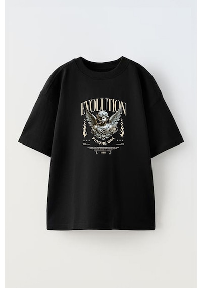 Thewert Unisex Evolutıon Tasarım Baskılı Pamuk Sıyah Oversize T-shirt Siyah