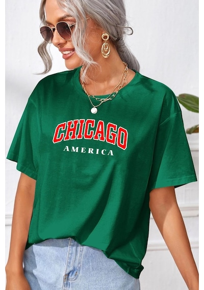 Unisex Chiago Baskılı T-shirt Yeşil