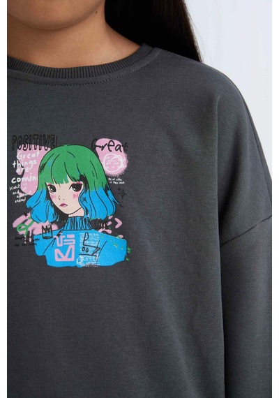 DeFacto Kız Çocuk Relax Fit Bisiklet Yaka Baskılı Sweatshirt D6495A8NSAR15 Antrasit