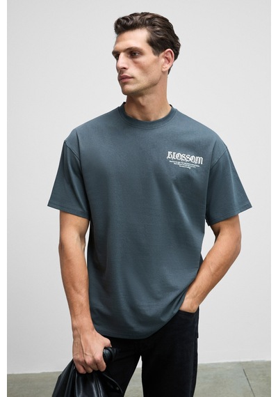 Grımelange VORTEX Erkek Göğsü Nakışlı Sırtı Baskılı %100 Organik Pamuk Oversize Fit Bisiklet Yaka Antrasit T-Sh