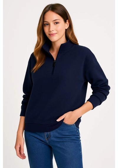 Mbb E-ticaret Kadın 3 İplik Pamuklu Dık Yaka Yarım Fermuarlı Sweatshirt - Lacivert