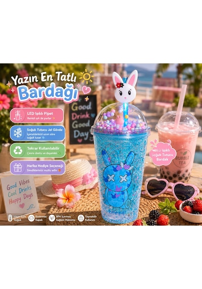 Çift Katmanlı İçecek Bardağı Led Işıklı Pipetli Kawaii Chibi Sevimli Tavşan Figürlü Suluk 450ml Mavi