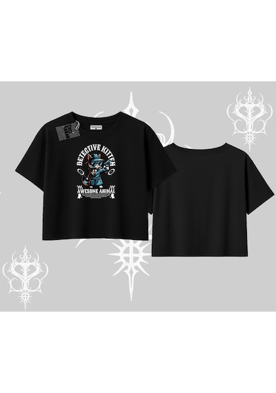 Tarzsokak Detective Kitten Kedi Baskılı Oversize Crop Tshirt Siyah