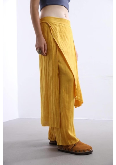 Bohem Stil İtalyan Ham Keten Pantolon Etek-8747 Hardal