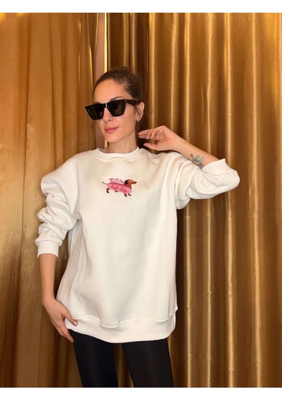 Ali Butik Beyaz Dog Nakış İşlemeli Şardonlu Sweatshirt Beyaz