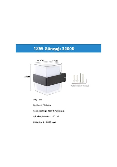 Duvar Lambası Led Işık 12w 3200k Gün Işığı Su Geçirmez Aplik Gün Işığı