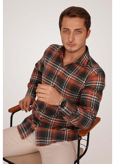 Kiremit Çizgili Slimfit Oduncu Erkek Gömlek Kiremit