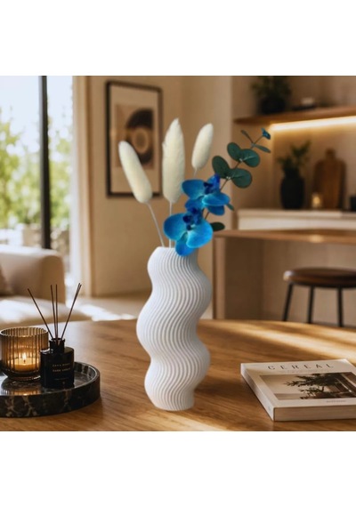 İskandinav Tarz Dalgalı Formlu Dekoratif 3d Vazo Beyaz