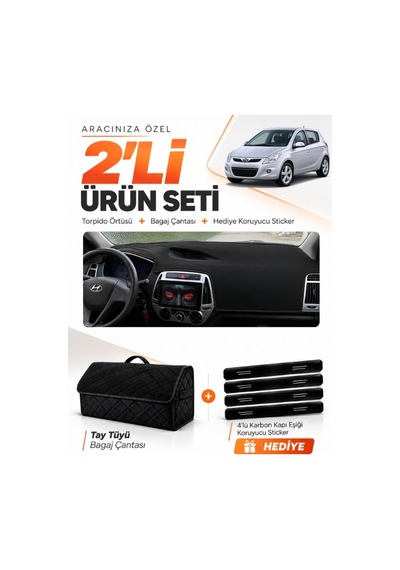 Hyundai İ20 2008-2014 Uyumlu Torpido Örtüsü + Tay Tüyü Bagaj Çantası + Sticker Seti - Siyah