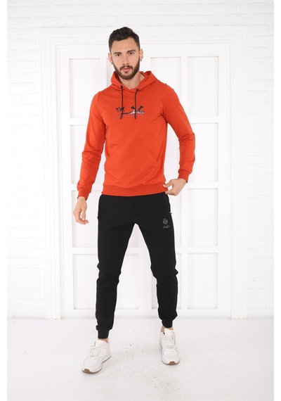 Escetic Spor Erkek Kiremit Cepli, Kapüşonlu Sweatshirt-4176