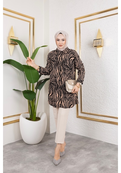 Hira Life Fashion Kadın Tesettür Giyim Ve Spor Giyime Uygun Düğme Detaylı Şık Desenli Dokuma Viskon Gömlek-tunik Vizon 2 Vizon 2