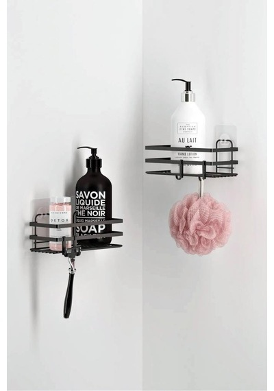 Banyo Düzenleyici Yapışkanlı Metal Banyo Rafı İkili Duş Rafı Organizer Şampuanlık Mat Siyah-gnrl281 Siyah
