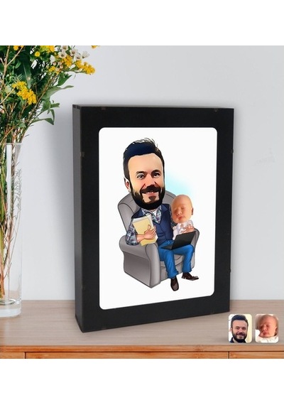Kişiye Özel Baba Oğul Karikatürlü Led Işıklı Ahşap Resim Çerçeves (508470990)