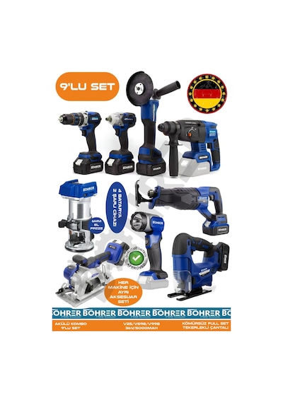 Böhrer Ba01093m 9 Makine Kombo Set 4 Akülü 2 Şarjlı Kömürsüz V598 5ah Profesyonel - Blue Mavi