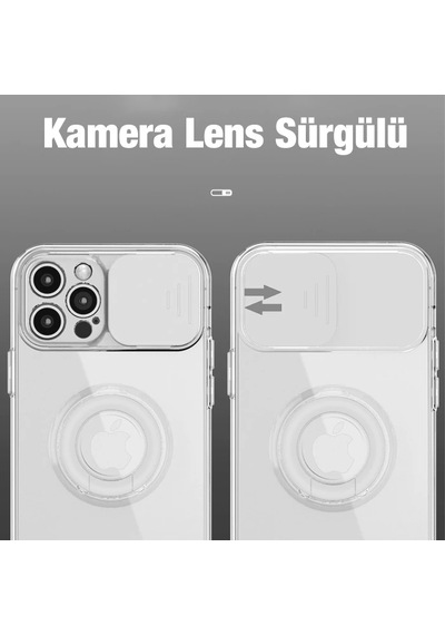 Ally iPhone Uyumlu 13 Pro Max 6.7inç Kılıf Sürgülü Kamera Lens Korumalı Yüzük Standlı Silikon Kılıf- 5775 Şeffaf