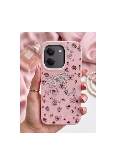 Poco X8 Pro Taşlı Desenli Fiyonk Silikon Kılıf Pembe
