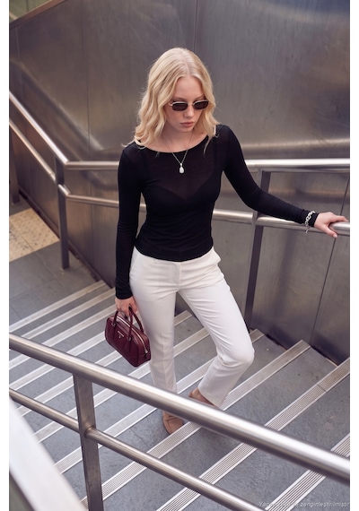 Lela Kayık Yaka Transparan Triko Bluz Kadın Bluz 5866879 Siyah