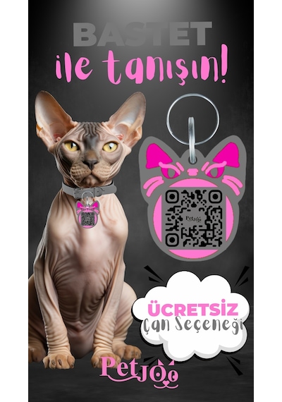 Petjoo 1.Bastet Pembe-Gri Qr'lı Kedi Künyesi