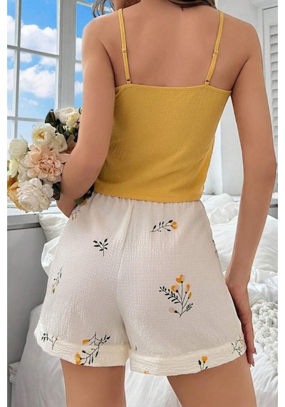 Bella Notte Sarı Askılı Üst & Çiçek Desenli Şortlu Yazlık Pijama Takımı