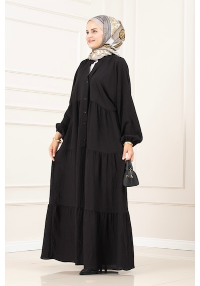 Sevitli Lilyum Kumaş Robalı Katya Elbise-siyah-5823