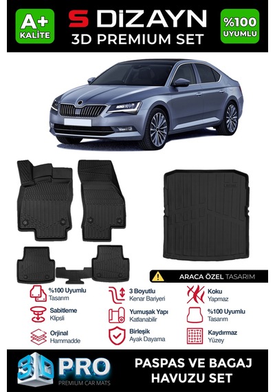 S-dizayn Skoda Superb 3d Pro Havuzlu Paspas Ve Bagaj Havuzu Seti 2'li Set 2015-2023 A+ Kalite