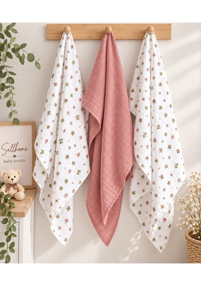 Sallhome Baby 3'lü Müslin Bebek Örtüsü Seti Çiçek Desenli & Gül Kurusu %100 Pamuk