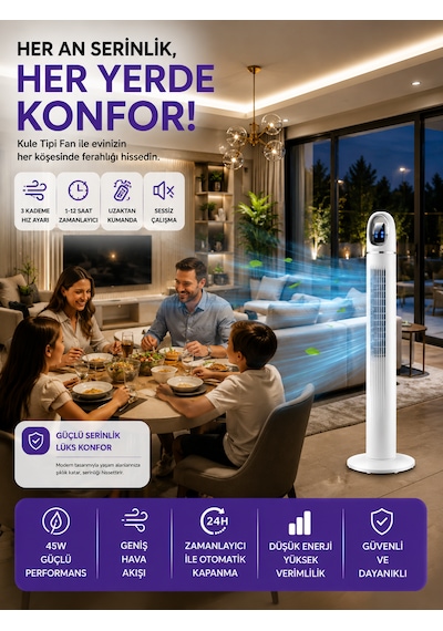 45w Kule Tipi Fan 45 İnç Uzaktan Kumandalı Dijital Ekranlı Zaman Ayarlı Sessiz Vantilatör