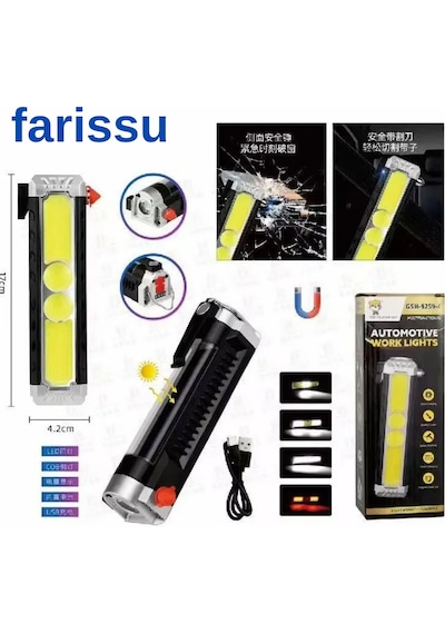 Çok Fonksiyonlu Oto Acil Durum El Feneri - Cob Led, Güneş Enerjili, Cam Kırıcı & Kemer Kesici Siyah