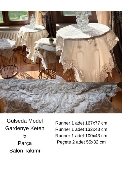 Cekihome Salon Takımı 5 Parça Keten Masa Örtüsü Runner Seti Çeyizlik Gülseda Model No 896 Krem-krem
