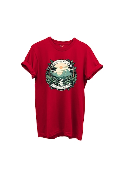 Tropikal Orman Ve Dağ Manzaralı Hunting Doğa Temalı %100 Pamuk Regular Fit Unisex T-shirt Kırmızı